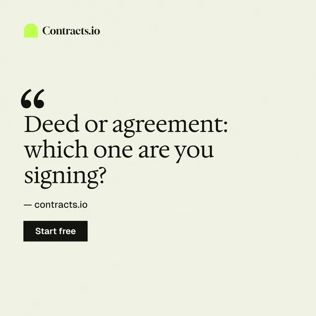 Instagram post for contracts.io: "Deed or agreement: which one are you signing?" Swiss style, quote layout, light palette in white, yellow.