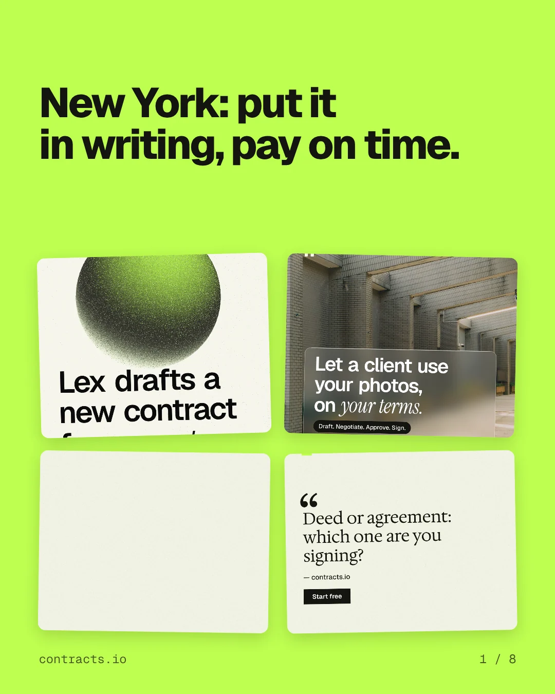 Carousel for contracts.io: "New York: put it in writing, pay on time.". Collection carousel, 8 slides, light palette.