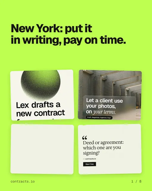 Carousel for contracts.io: "New York: put it in writing, pay on time.". Collection carousel, 8 slides, light palette.