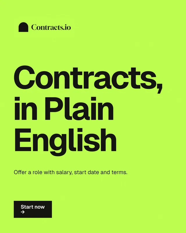 Instagram portrait post for contracts.io: "Contracts, in Plain English". Swiss style, announce layout, light palette in green.