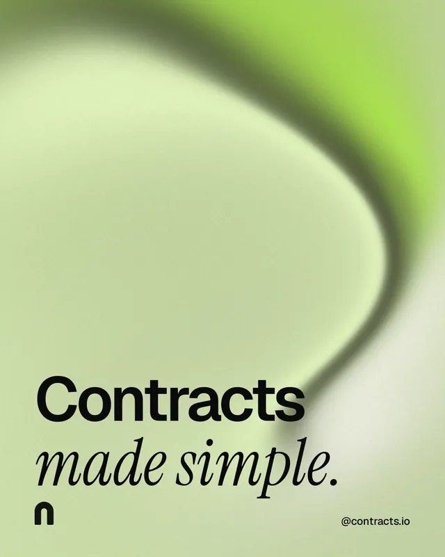 Instagram portrait post for contracts.io: "Contracts made simple." Auto 4x5 style, technique:shader field layout, light palette in green.