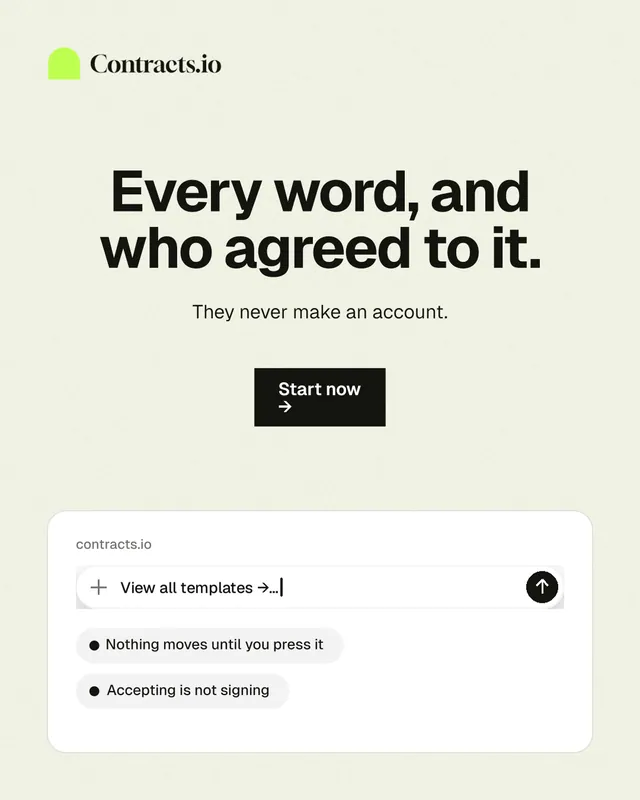 Instagram portrait post for contracts.io: "Every word, and who agreed to it." Swiss style, centred layout, light palette in white, grey.