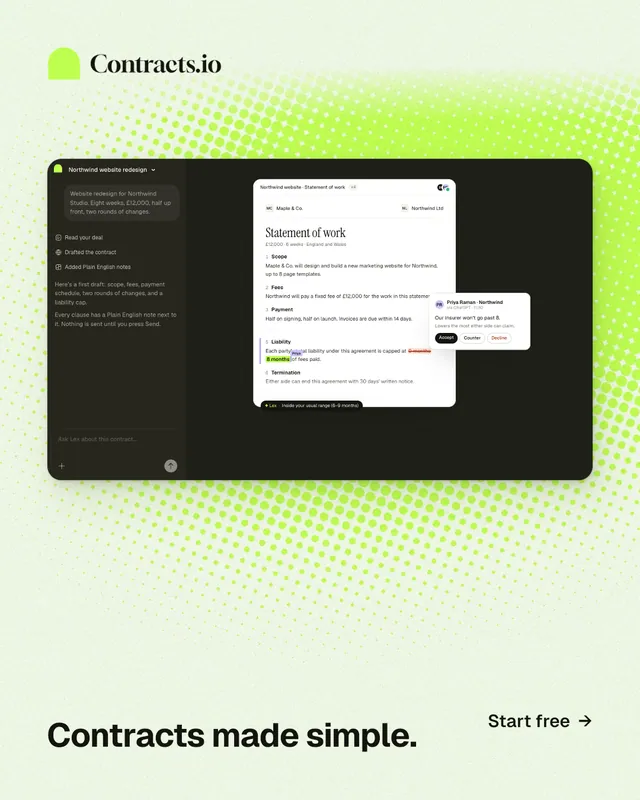 Instagram portrait post for contracts.io: "Contracts made simple." Swiss style, image led layout, light palette in white, black, green.