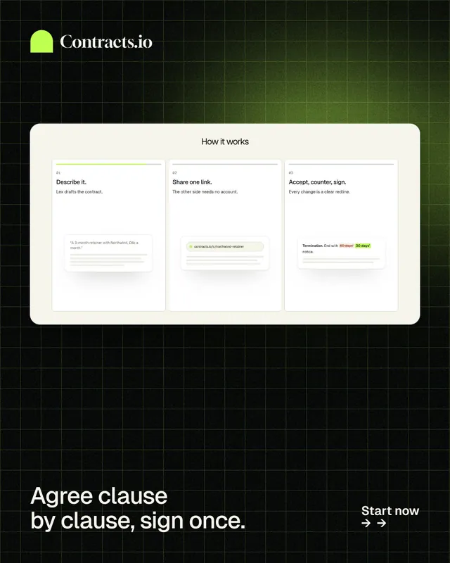 Instagram portrait post for contracts.io: "Agree clause by clause, sign once." Phosphor atlas style, image led layout, dark palette in white, black, grey.