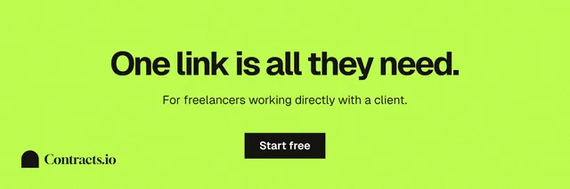 X header for contracts.io: "One link is all they need." Swiss style, centred layout, light palette in green.