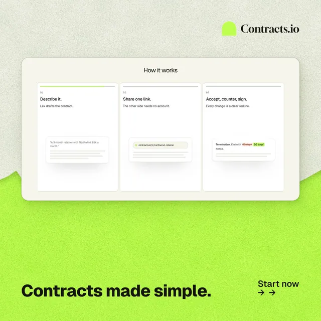 Instagram post for contracts.io: "Contracts made simple." Paper trio style, image led layout, light palette in white, green.