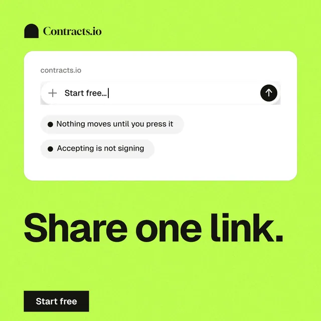 Instagram post for contracts.io: "Share one link." Swiss style, bottom layout, light palette in green, white.