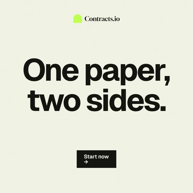 Instagram post for contracts.io: "One paper, two sides." Swiss style, centred layout, light palette in white, grey.