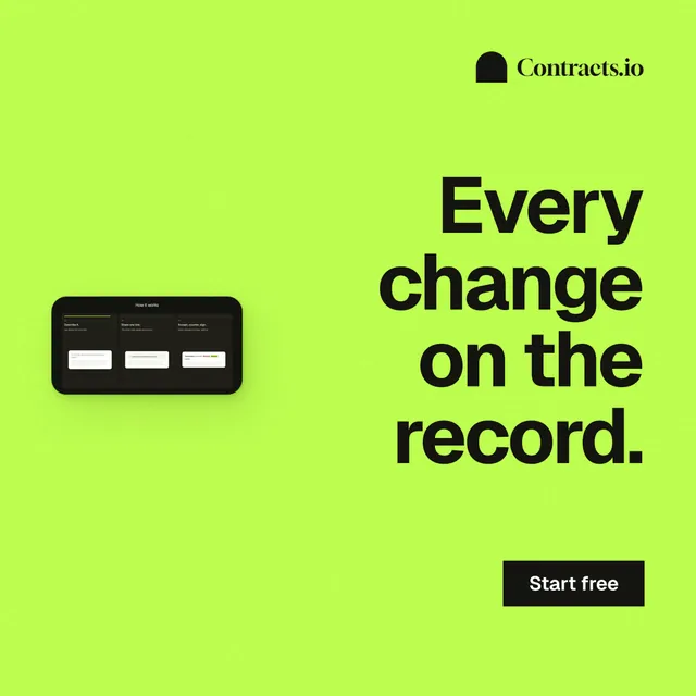 Instagram post for contracts.io: "Every change on the record." Swiss style, right layout, light palette in green.