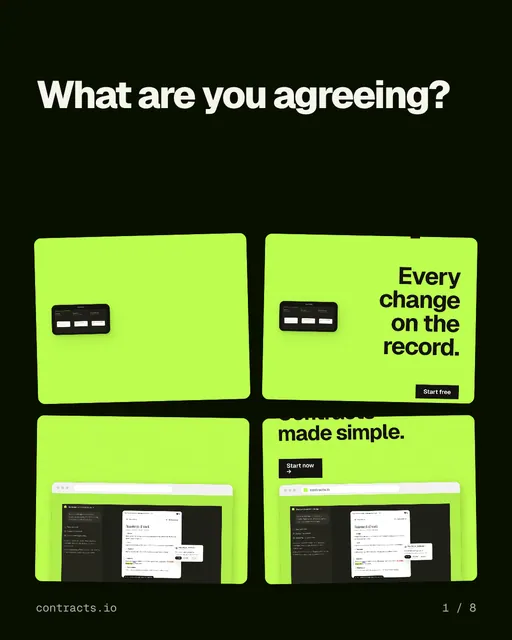 Carousel for contracts.io: "What are you agreeing?". Collection carousel, 8 slides, dark palette.