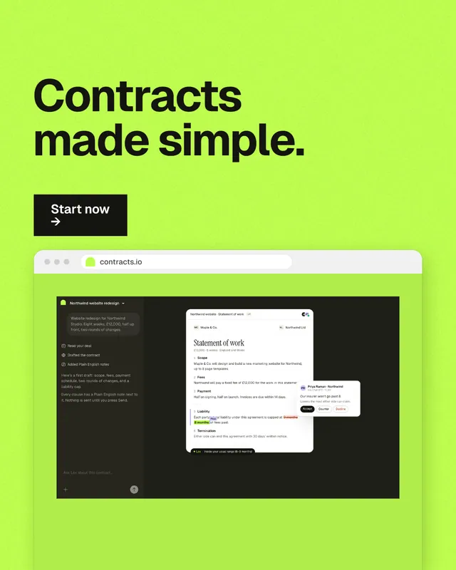 Instagram portrait post for contracts.io: "Contracts made simple." Swiss style, browser layout, light palette in green.