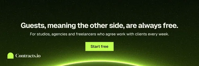 X header for contracts.io: "Guests, meaning the other side, are always free." Swiss style, centred layout, dark palette in black, green.
