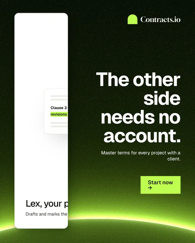 Instagram portrait post for contracts.io: "The other side needs no account." Swiss style, right layout, dark palette in black, white, green.