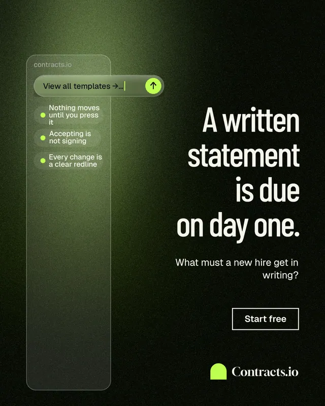 Instagram portrait post for contracts.io: "A written statement is due on day one." Dark deco style, right layout, dark palette in green, black, grey.