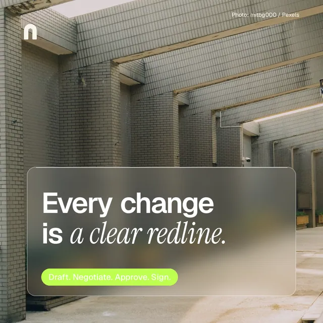 Instagram post for contracts.io: "Every change is a clear redline." Glass style, technique:pexels ingredient layout, light palette in grey, yellow.