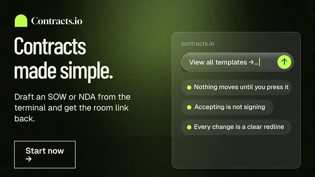 Landscape graphic for contracts.io: "Contracts made simple." Dark deco style, bottom layout, dark palette in black, green, grey.