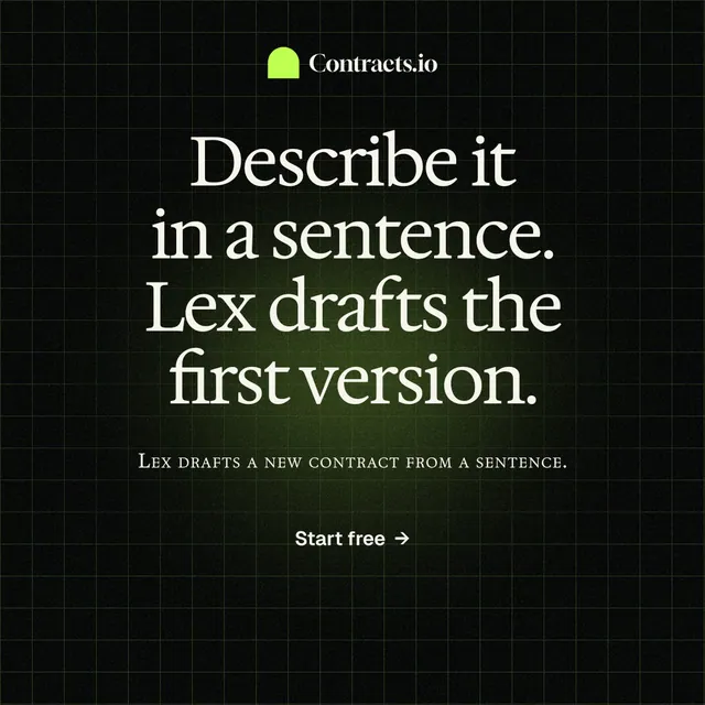 Instagram post for contracts.io: "Describe it in a sentence. Lex drafts the first version." Phosphor atlas style, smallcaps layout, dark palette in black, grey.