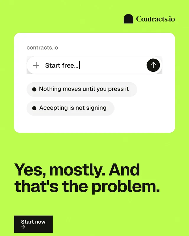 Instagram portrait post for contracts.io: "Yes, mostly. And that's the problem." Swiss style, bottom layout, light palette in green, white.