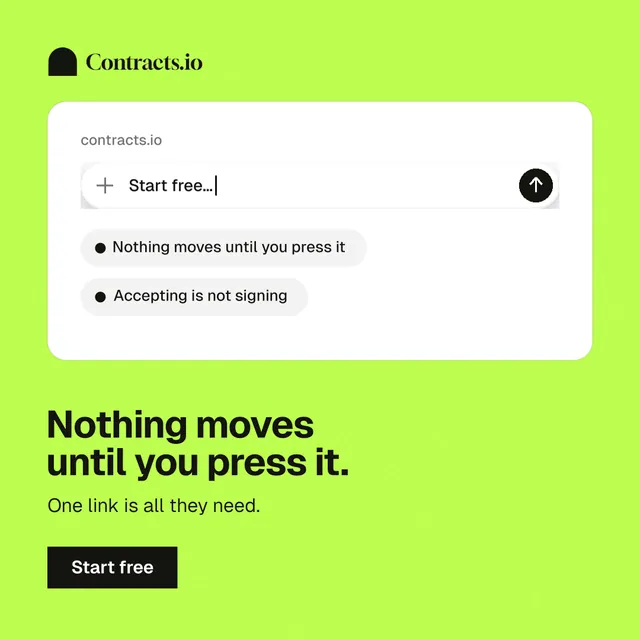 Instagram post for contracts.io: "Nothing moves until you press it." Swiss style, bottom layout, light palette in green, white.