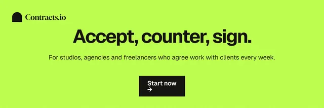 X header for contracts.io: "Accept, counter, sign." Swiss style, centred layout, light palette in green.