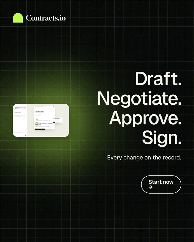 Instagram portrait post for contracts.io: "Draft. Negotiate. Approve. Sign." Phosphor atlas style, right layout, dark palette in black, grey.
