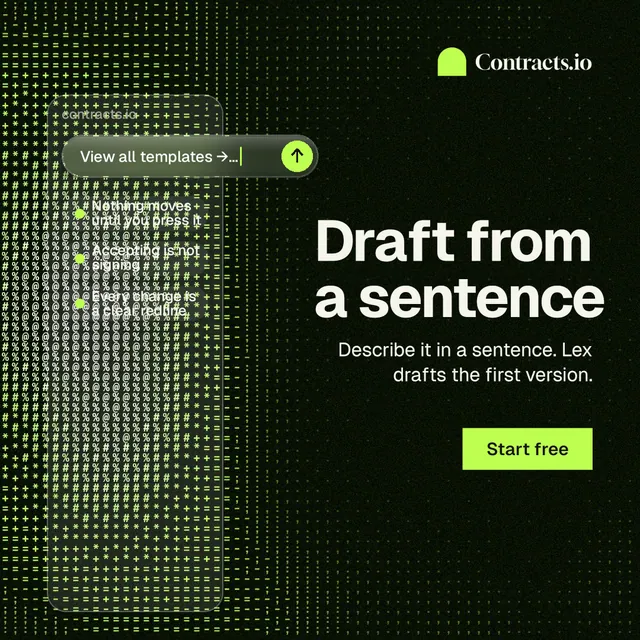 Instagram post for contracts.io: "Draft from a sentence". Swiss style, right layout, dark palette in black, green, grey.