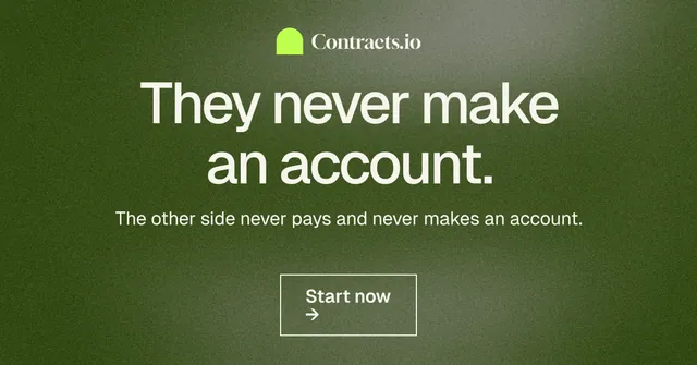Social ad for contracts.io: "They never make an account." Cyanotype style, centred layout, dark palette in green, grey.