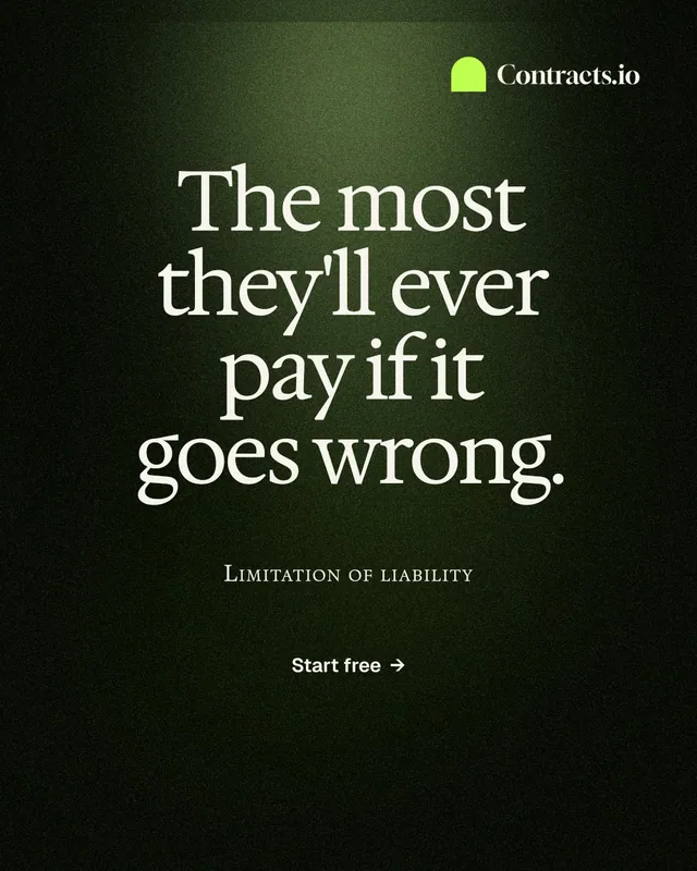 Instagram portrait post for contracts.io: "The most they'll ever pay if it goes wrong." Dark deco style, smallcaps layout, dark palette in black, grey.