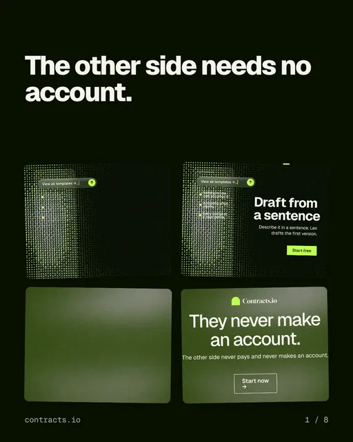 Carousel for contracts.io: "The other side needs no account.". Collection carousel, 8 slides, dark palette.