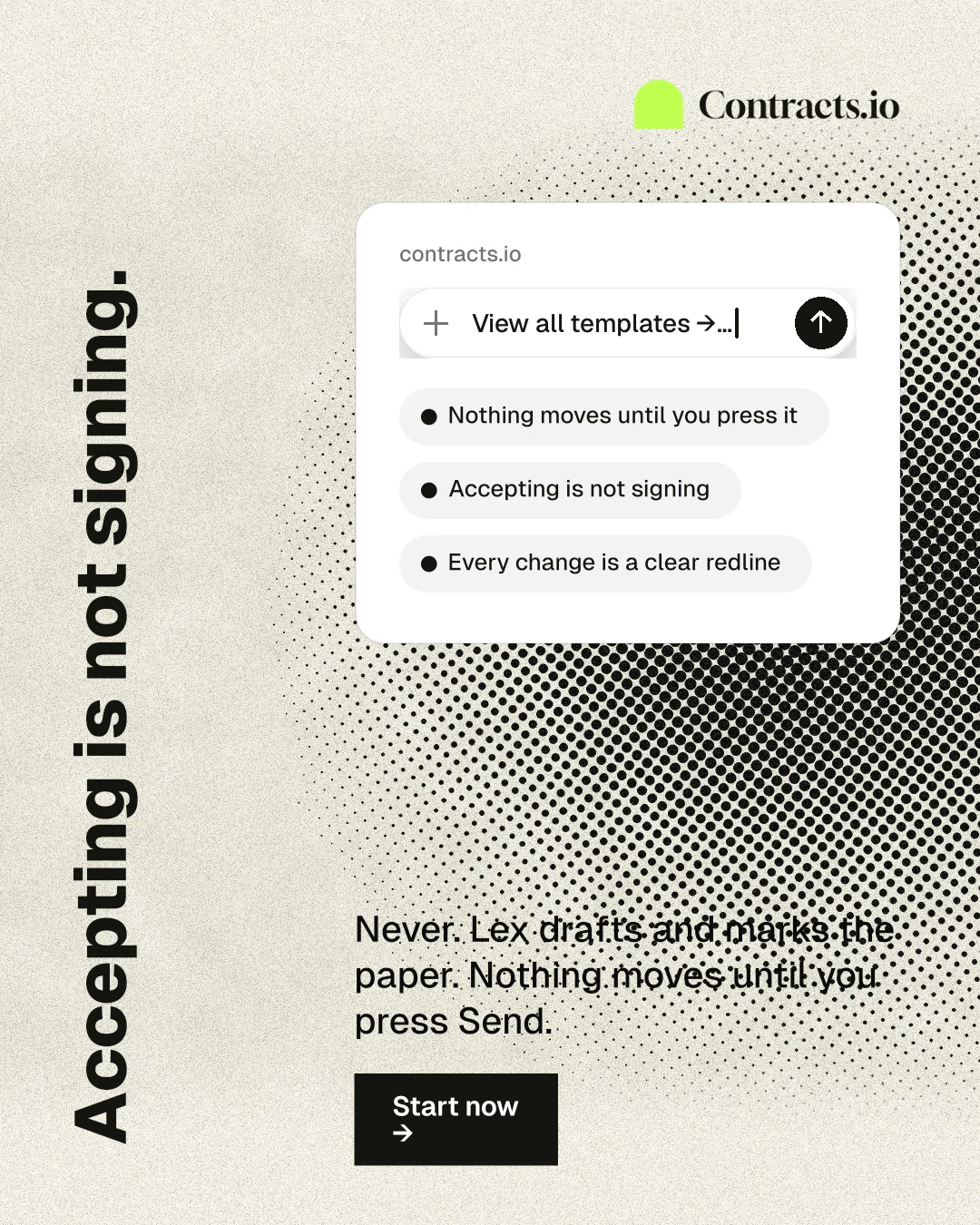 Instagram portrait post for contracts.io: "Accepting is not signing." Ink sticker style, vertical layout, light palette in yellow, white, grey.