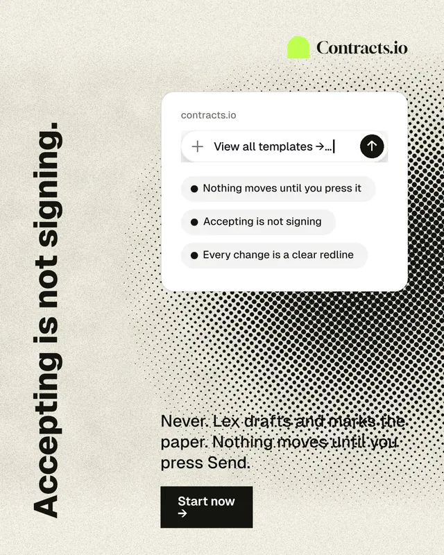 Instagram portrait post for contracts.io: "Accepting is not signing." Ink sticker style, vertical layout, light palette in yellow, white, grey.