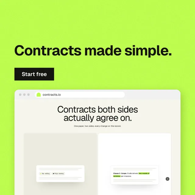 Instagram post for contracts.io: "Contracts made simple." Swiss style, browser layout, light palette in green.