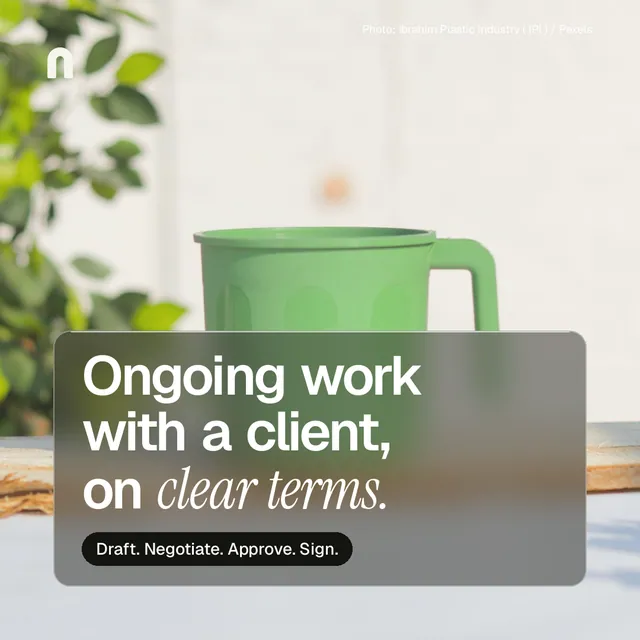 Instagram post for contracts.io: "Ongoing work with a client, on clear terms." Glass style, technique:pexels ingredient layout, light palette in grey, orange, white.
