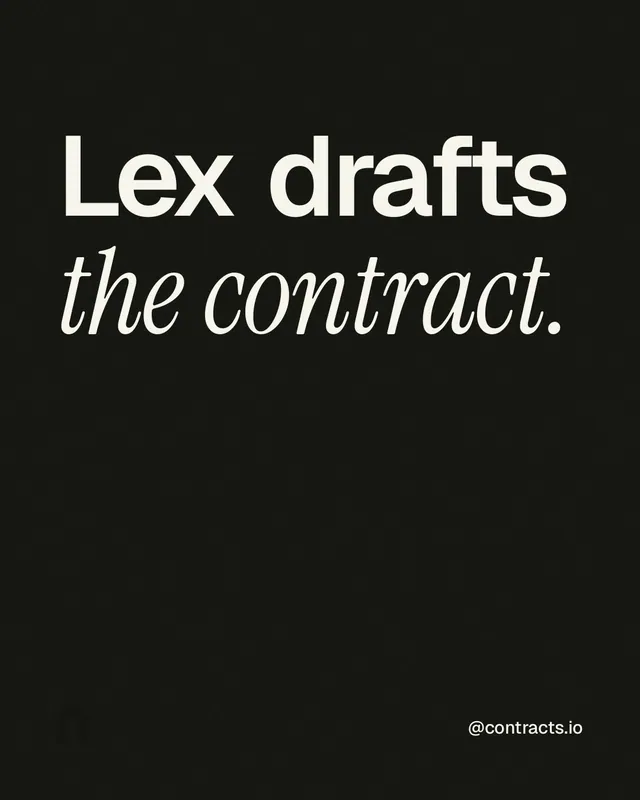 Instagram portrait post for contracts.io: "Lex drafts the contract." Editorial style, technique:mixed type lockup layout, dark palette in black, grey.