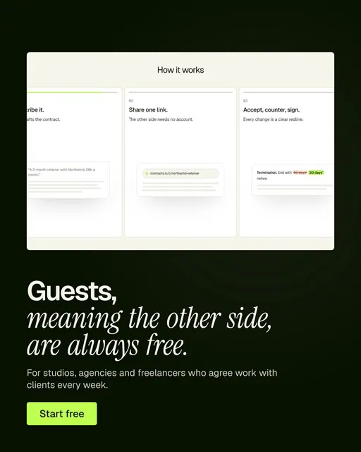 Video for contracts.io: "Guests, meaning the other side, are always free.". Kinetic type grid, 6.0 s, dark palette.