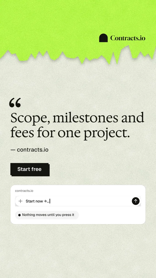 Instagram story for contracts.io: "Scope, milestones and fees for one project." Paper trio style, quote layout, light palette in green, white, grey.