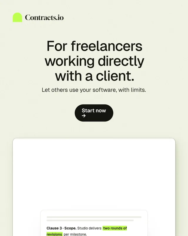 Instagram portrait post for contracts.io: "For freelancers working directly with a client." Data card style, centred layout, light palette in white.