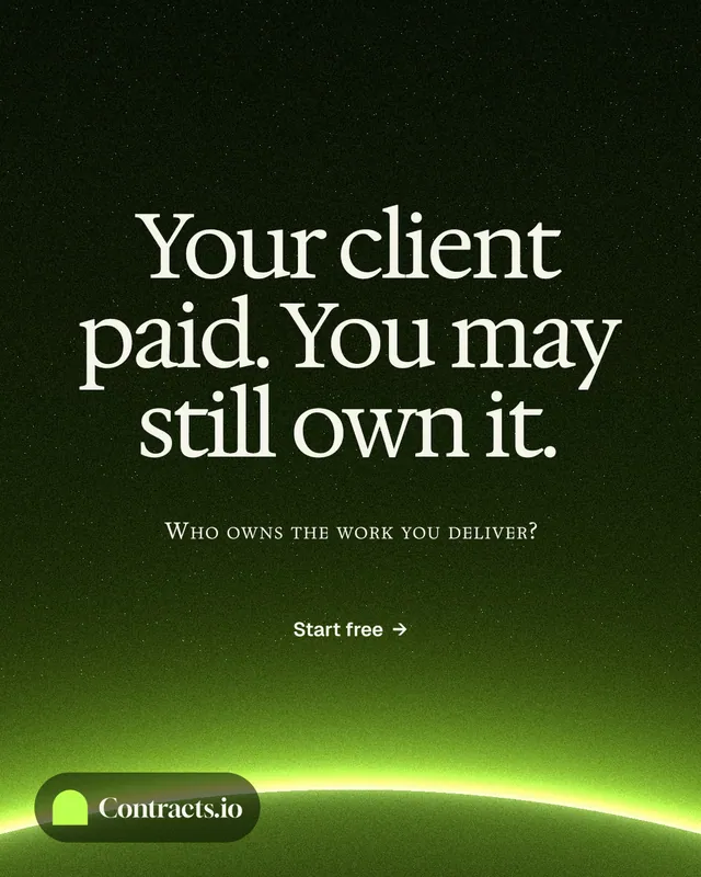 Instagram portrait post for contracts.io: "Your client paid. You may still own it." Swiss style, smallcaps layout, dark palette in green, black.