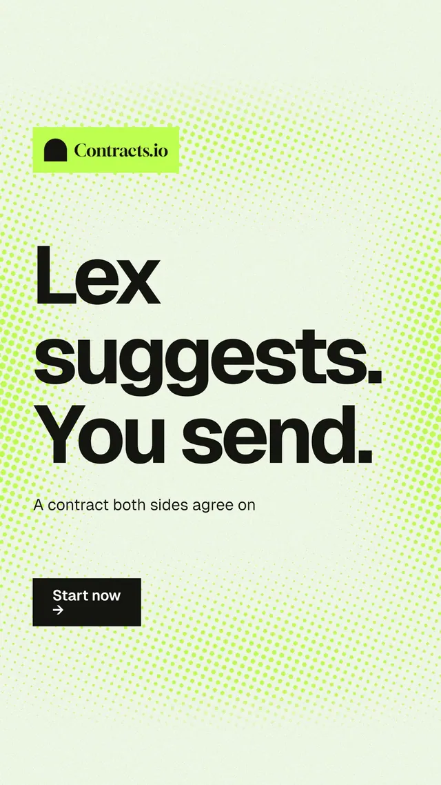 Instagram story for contracts.io: "Lex suggests. You send." Swiss style, announce layout, light palette in white, green, grey.