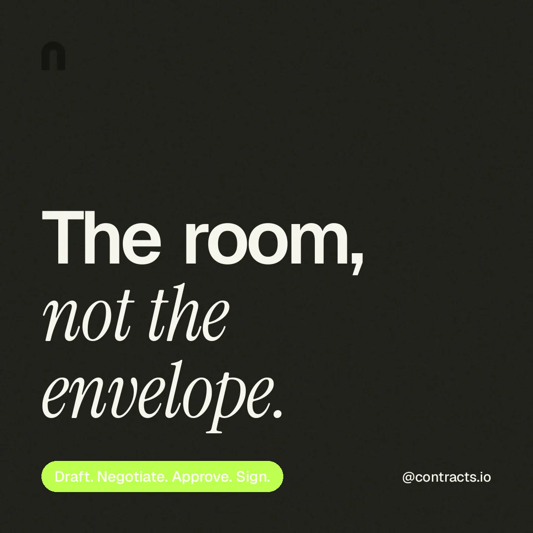 Instagram post for contracts.io: "The room, not the envelope." Caption style, technique:mixed type lockup layout, dark palette in black, green.