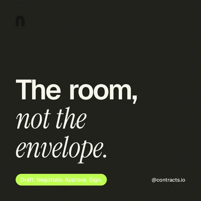 Instagram post for contracts.io: "The room, not the envelope." Caption style, technique:mixed type lockup layout, dark palette in black, green.