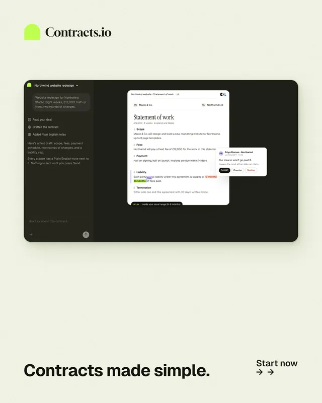 Instagram portrait post for contracts.io: "Contracts made simple." Swiss style, image led layout, light palette in white, grey, green.