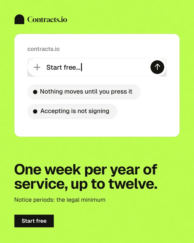 Instagram portrait post for contracts.io: "One week per year of service, up to twelve." Swiss style, bottom layout, light palette in green, white.