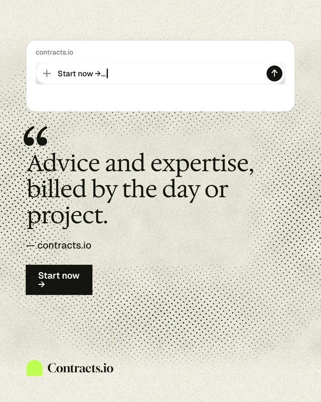Instagram portrait post for contracts.io: "Advice and expertise, billed by the day or project." Ink sticker style, quote layout, light palette in white, yellow, grey.