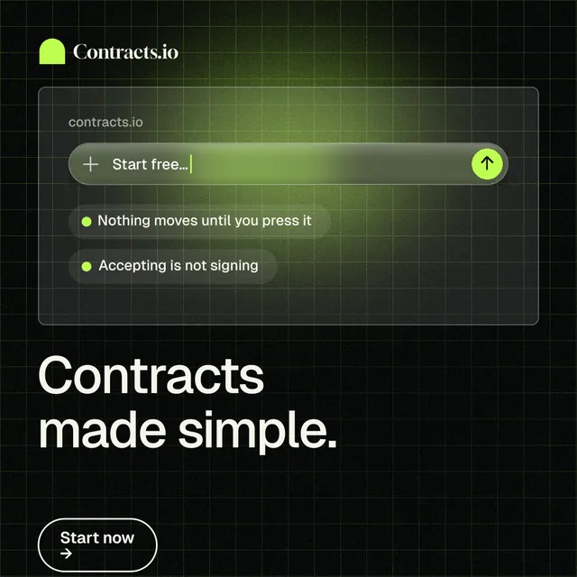 Instagram post for contracts.io: "Contracts made simple." Phosphor atlas style, bottom layout, dark palette in black, green.