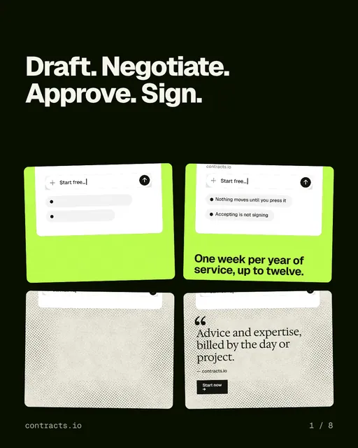 Carousel for contracts.io: "Draft. Negotiate. Approve. Sign.". Collection carousel, 8 slides, dark palette.
