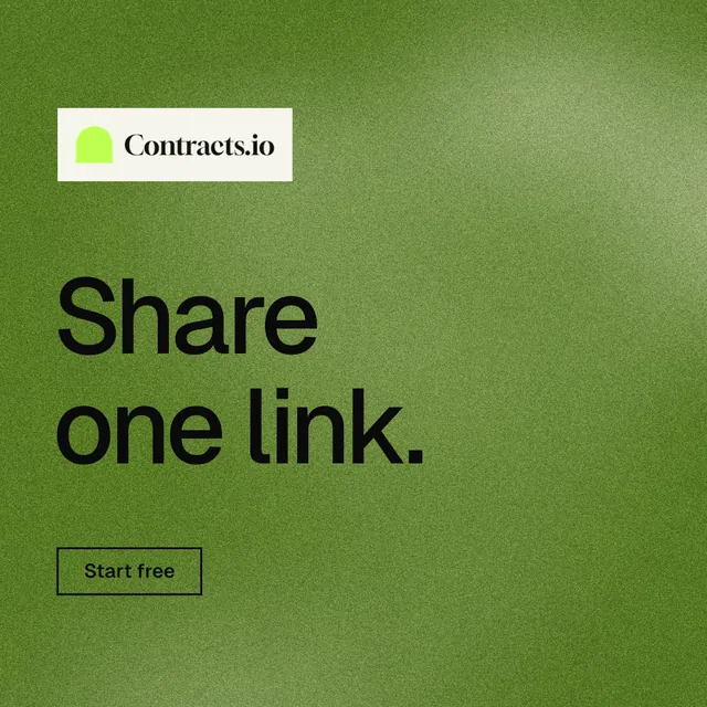 Instagram post for contracts.io: "Share one link." Cyanotype style, announce layout, light palette in green.