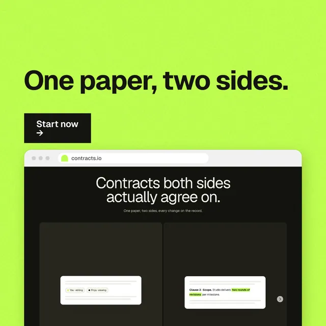 Instagram post for contracts.io: "One paper, two sides." Swiss style, browser layout, light palette in green, black.