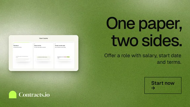 Landscape graphic for contracts.io: "One paper, two sides." Cyanotype style, right layout, light palette in green.