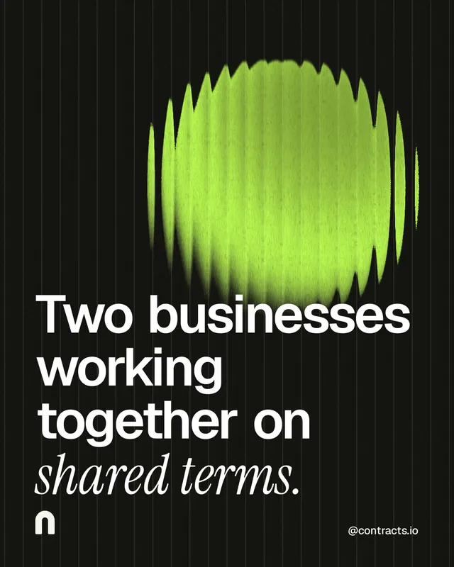 Instagram portrait post for contracts.io: "Two businesses working together on shared terms." Auto 4x5 style, technique:shader field layout, dark palette in black, green.